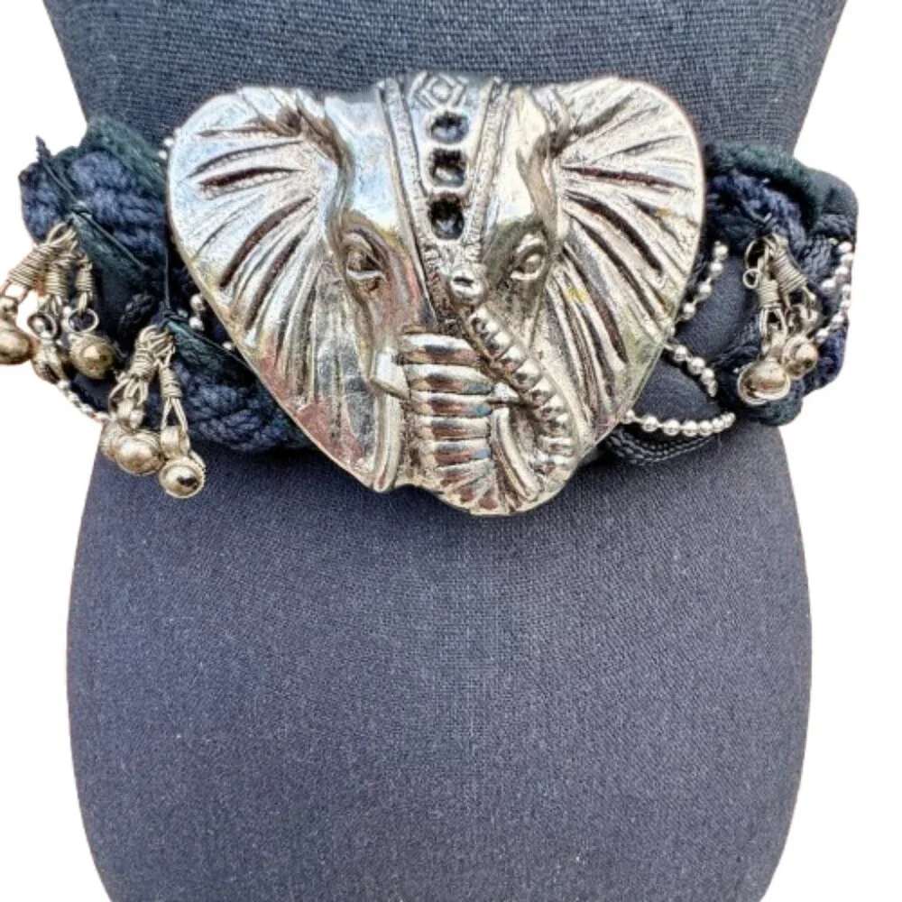 VTG Belt Braided Fabric Silver Elephant Buckle Hanging Charms Black 26-31